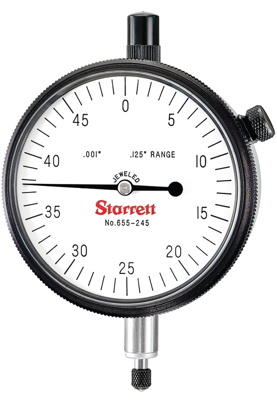 Picture of Starrett 655-245J Dial Indicator, 0-.125" Range, 0-50 Continuous Dial, .001" Grads, .050" Range Per Rev, .375" Stem
