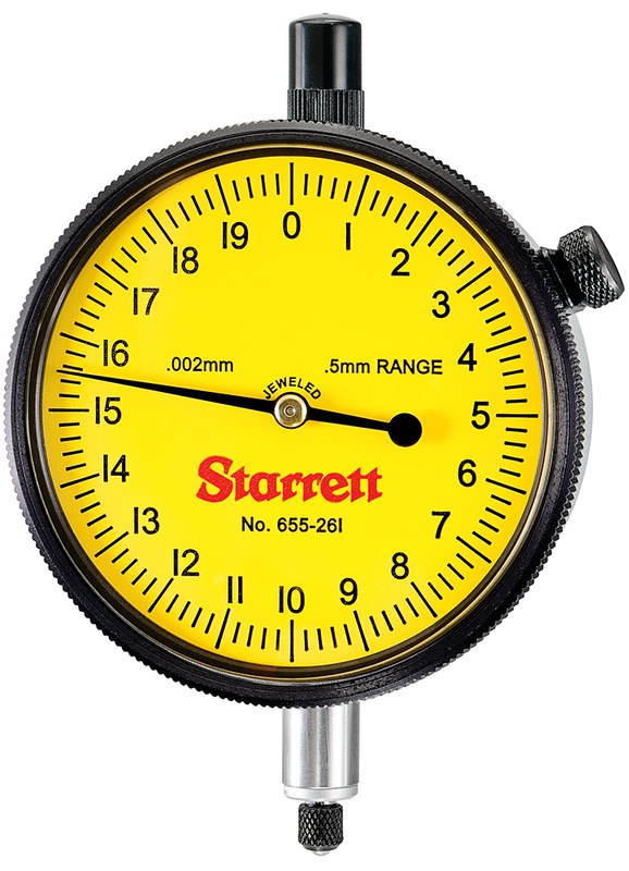 Picture of Starrett 655-261J Dial Indicator, 0-0.5mm Range, 0-20, 0.002mm Grads, 0.2 mm Range Per Rev, .375" Stem Diameter
