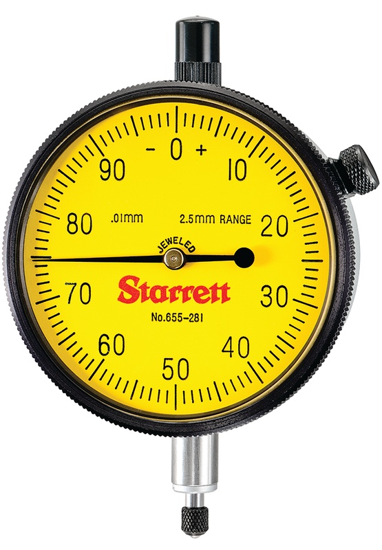 Picture of Starrett 655-281J Dial Indicator, 0-2.5mm Range, 0-100, 0.01mm Grads, 1.0 mm Range Per Rev, .375" Stem Diameter