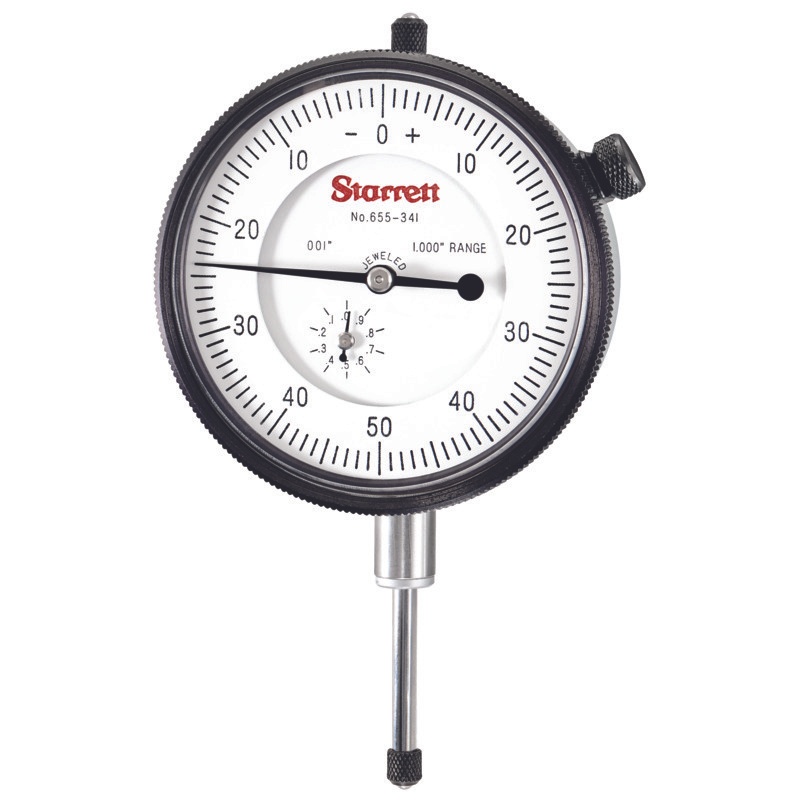 Picture of Starrett 655-341J Dial Indicator, 0-1.000" Range, 0-50-0 Balanced Dial, .001" Grads, .100" Range Per Rev, .375" Stem