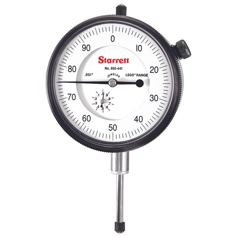 Picture of Starrett 655-441J Dial Indicator, 0-1.000" Range, 0-100, .001" Grads, .100" Range Per Rev, .375" Stem Diameter