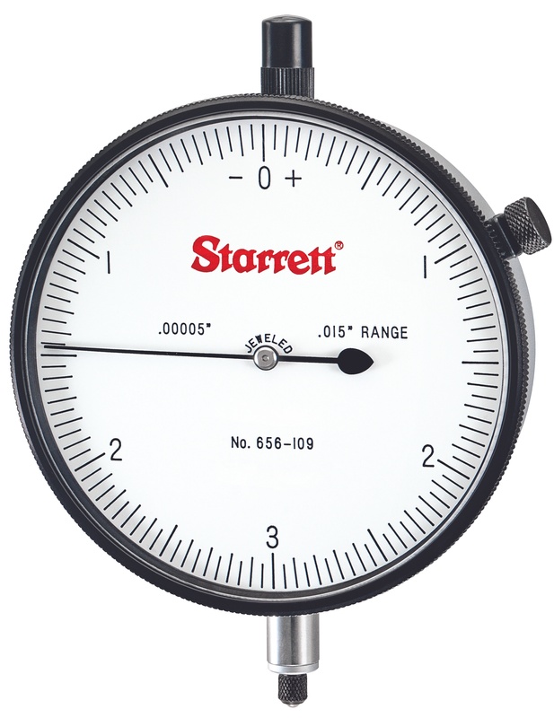 Picture of Starrett 656-109J Dial Indicator, 0-.015" Range, 0-3-0 Balanced Dial, .00005" Grads, .006" Range Per Rev, .375" Stem