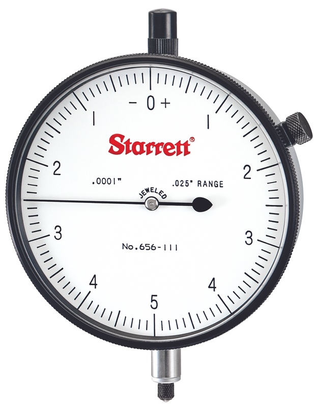 Picture of Starrett 656-111J Dial Indicator, 0-.025" Range, 0-5-0 Balanced Dial, .0001" Grads, .010" Range Per Rev, .375" Stem