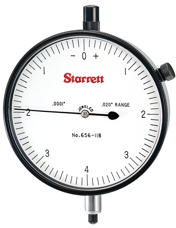 Picture of Starrett 656-118J Dial Indicator, 0-.020" Range, 0-4-0 Balanced Dial, .0001" Grads, .008" Range Per Rev, .375" Stem