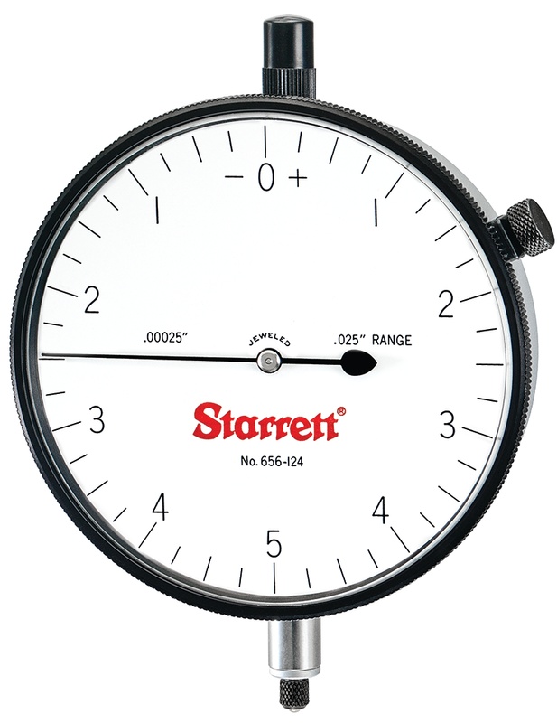 Picture of Starrett 656-124J Dial Indicator, 0-.025" Range, 0-5-0 Balanced Dial, .00025" Grads, .010" Range Per Rev, .375" Stem