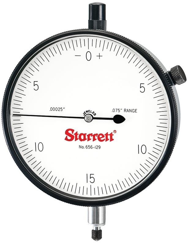 Picture of Starrett 656-129J Dial Indicator, 0-.075" Range, 0-15-0 Balanced Dial, .00025" Grads, .030" Range Per Rev, .375" Stem