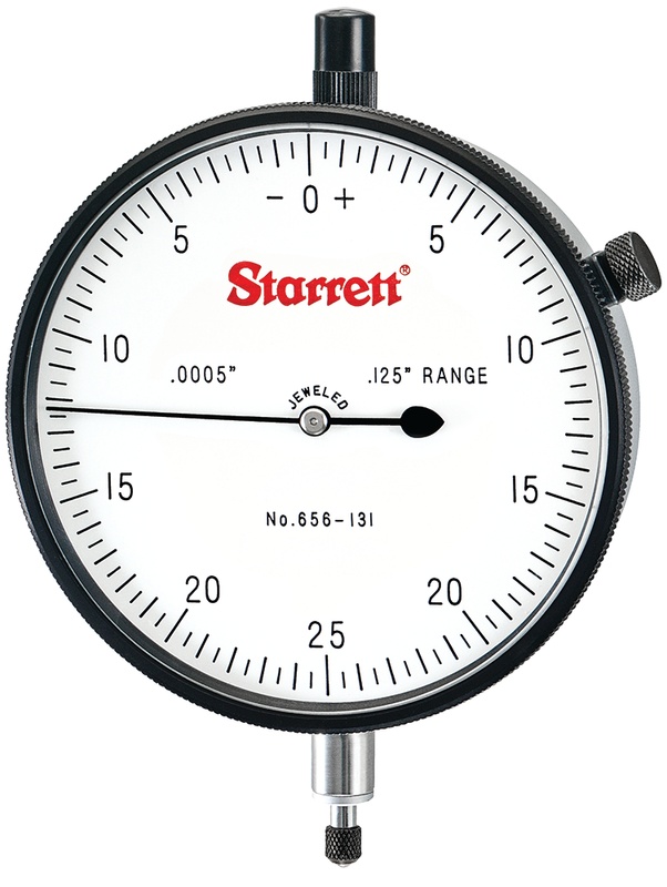 Picture of Starrett 656-131J Dial Indicator, 0-.125" Range, 0-25-0 Balanced Dial, .0005" Grads, .050" Range Per Rev, .375" Stem