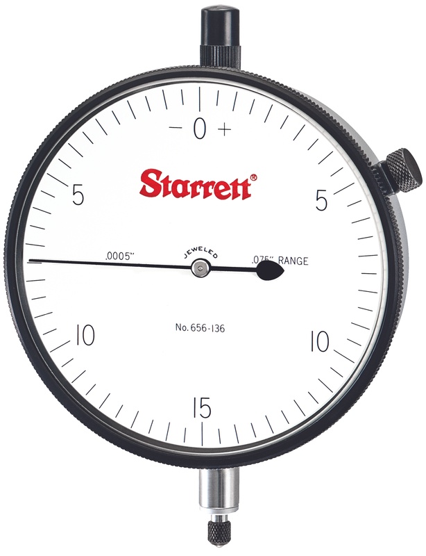 Picture of Starrett 656-136J Dial Indicator, 0-.075" Range, 0-15-0 Balanced Dial, .0005" Grads, .030" Range Per Rev, .375" Stem