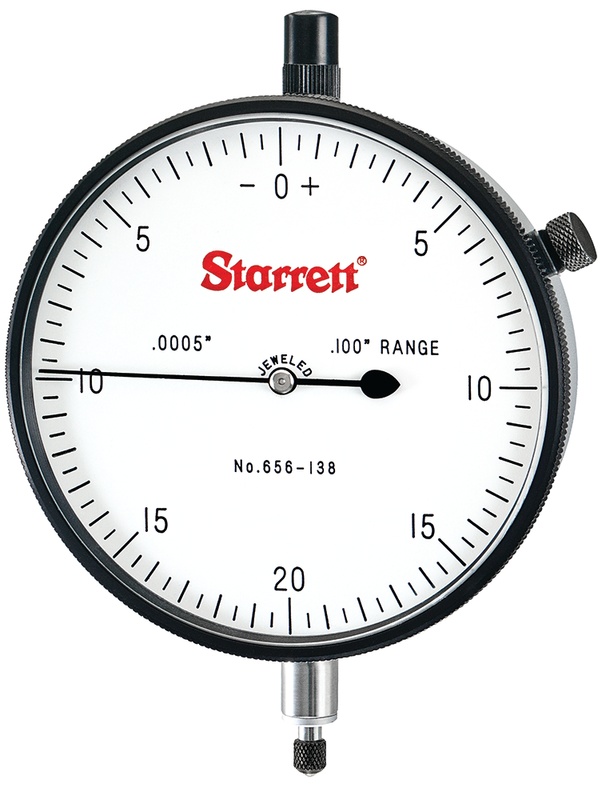 Picture of Starrett 656-138J Dial Indicator, 0-.100" Range, 0-20-0 Balanced Dial, .0005" Grads, .040" Range Per Rev, .375" Stem
