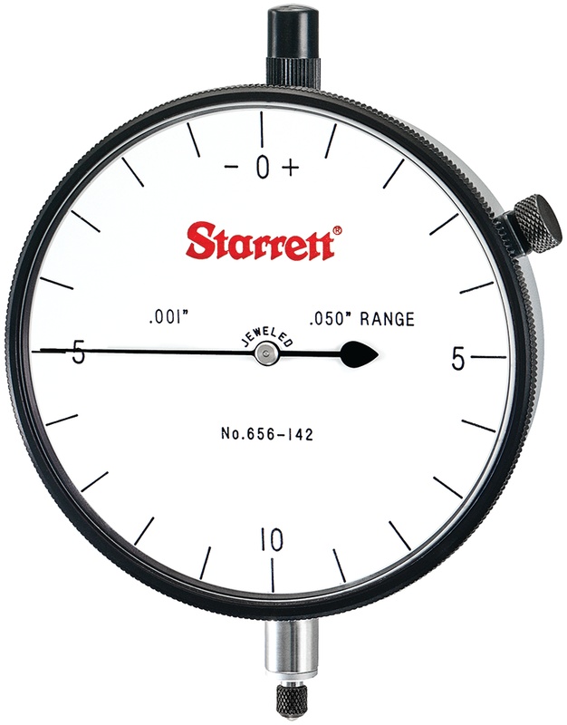 Picture of Starrett 656-142J Dial Indicator, 0-.050" Range, 0-10-0 Balanced Dial, .001" Grads, .020" Range Per Rev, .375" Stem