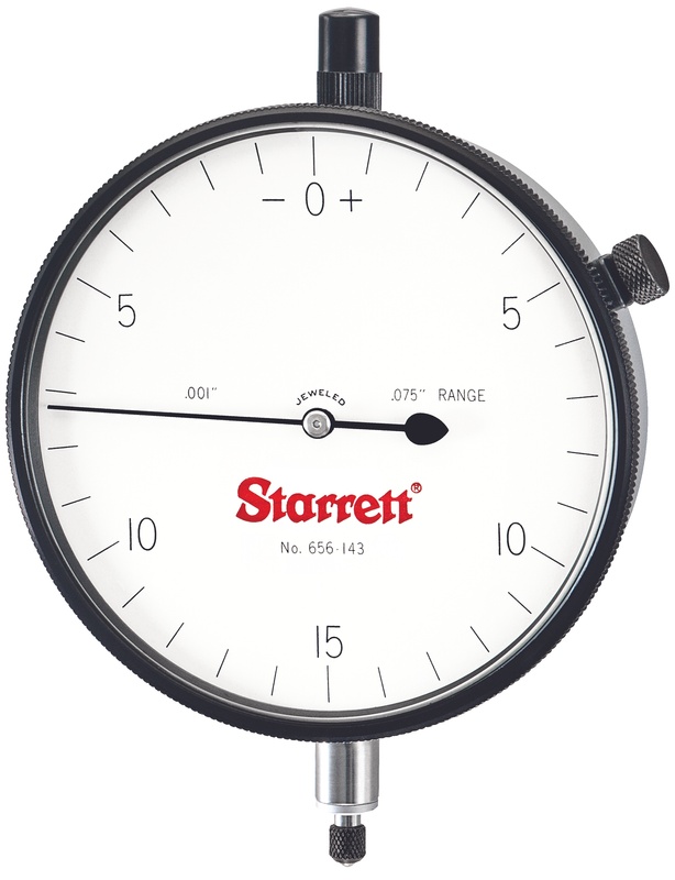 Picture of Starrett 656-143J Dial Indicator, 0-.075" Range, 0-15-0 Balanced Dial, .001" Grads, .030" Range Per Rev, .375" Stem