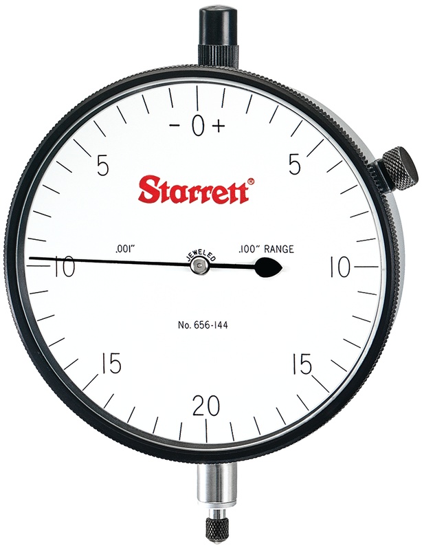Picture of Starrett 656-144J Dial Indicator, 0-.100" Range, 0-20-0 Balanced Dial, .001" Grads, .040" Range Per Rev, .375" Stem