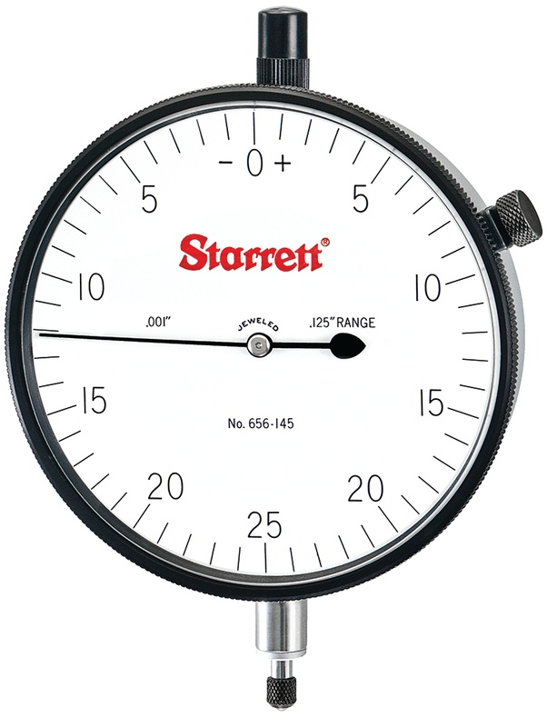 Picture of Starrett 656-145J Dial Indicator, 0-.125" Range, 0-25-0 Balanced Dial, .001" Grads, .050" Range Per Rev, .375" Stem