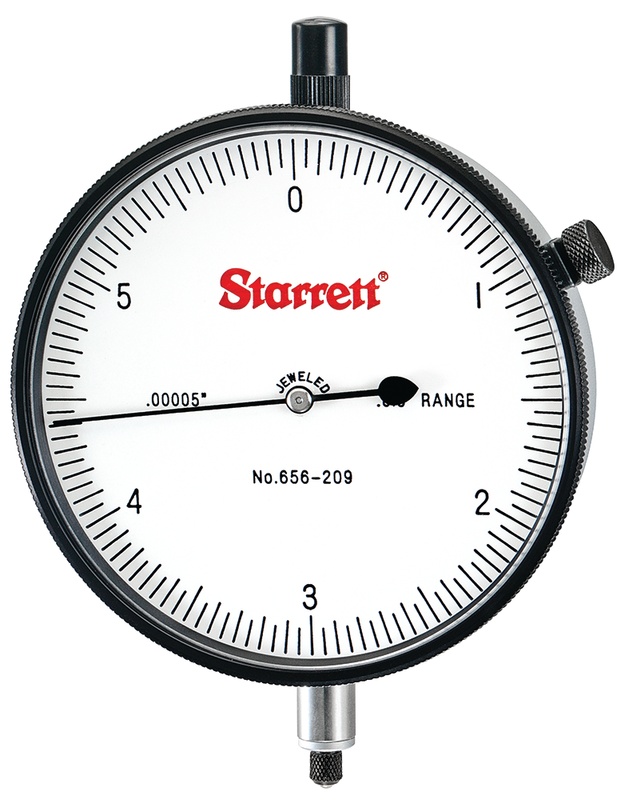 Picture of Starrett 656-209J Dial Indicator, 0-.015" Range, 0-6, .00005" Grads, .006" Range Per Rev, .375" Stem Diameter