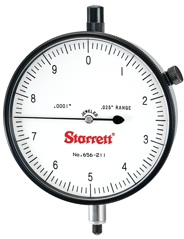 Picture of Starrett 656-211J Dial Indicator, 0-.025" Range, 0-10, .0001" Grads, .010" Range Per Rev, .375" Stem Diameter