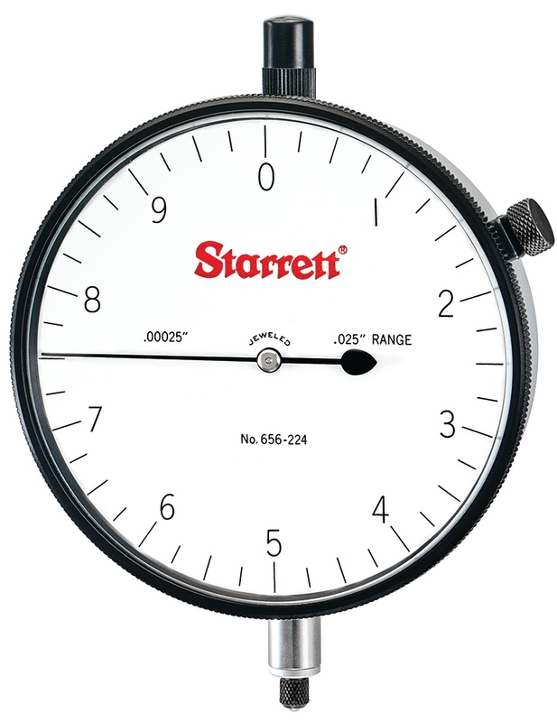 Picture of Starrett 656-224J Dial Indicator, 0-.025" Range, 0-10, .00025" Grads, .010" Range Per Rev, .375" Stem Diameter