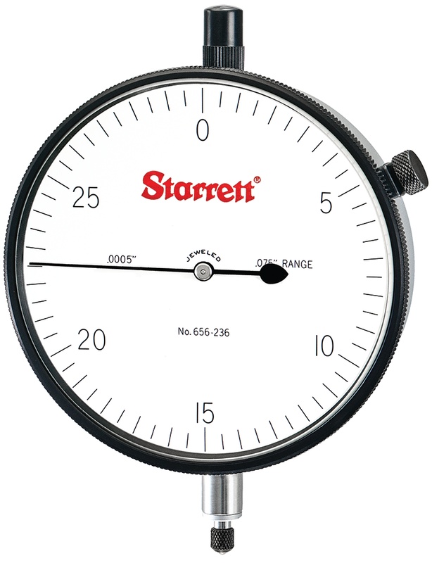 Picture of Starrett 656-236J Dial Indicator, 0-.075" Range, 0-30, .0005" Grads, .030" Range Per Rev, .375" Stem Diameter