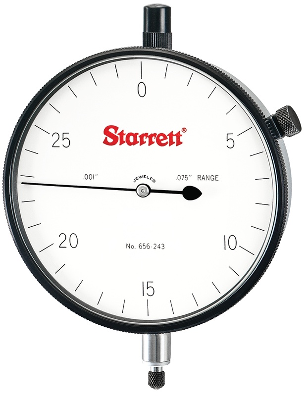 Picture of Starrett 656-243J Dial Indicator, 0-.075" Range, 0-30, .001" Grads, .030" Range Per Rev, .375" Stem Diameter