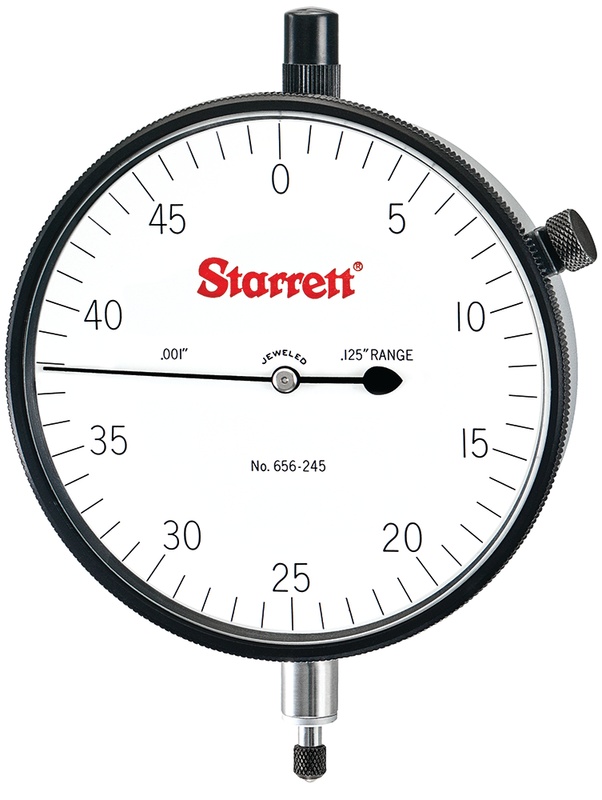 Picture of Starrett 656-245J Dial Indicator, 0-.125" Range, 0-50 Continuous Dial, .001" Grads, .050" Range Per Rev, .375" Stem