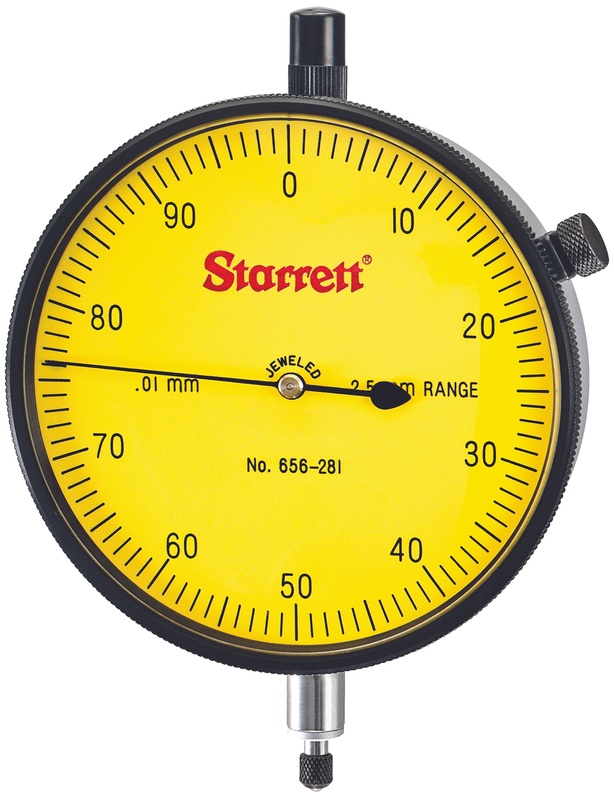 Picture of Starrett 656-281J Dial Indicator, 0-2.5mm Range, 0-100, 0.01mm Grads, 1.0mm Range Per Rev, .375" Stem Diameter