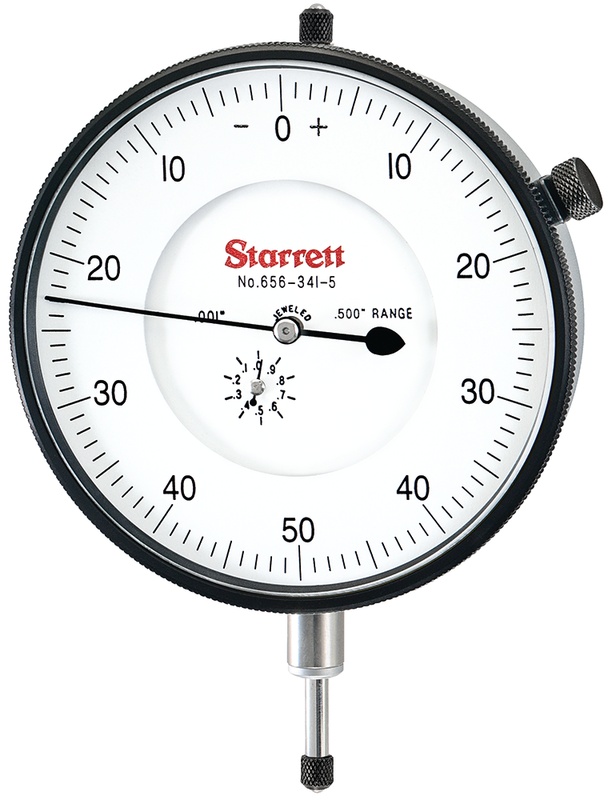 Picture of Starrett 656-341/5J Dial Indicator, 0-.500" Range, 0-50-0 Balanced Dial, .001" Grads, .100" Range Per Rev, .375" Stem