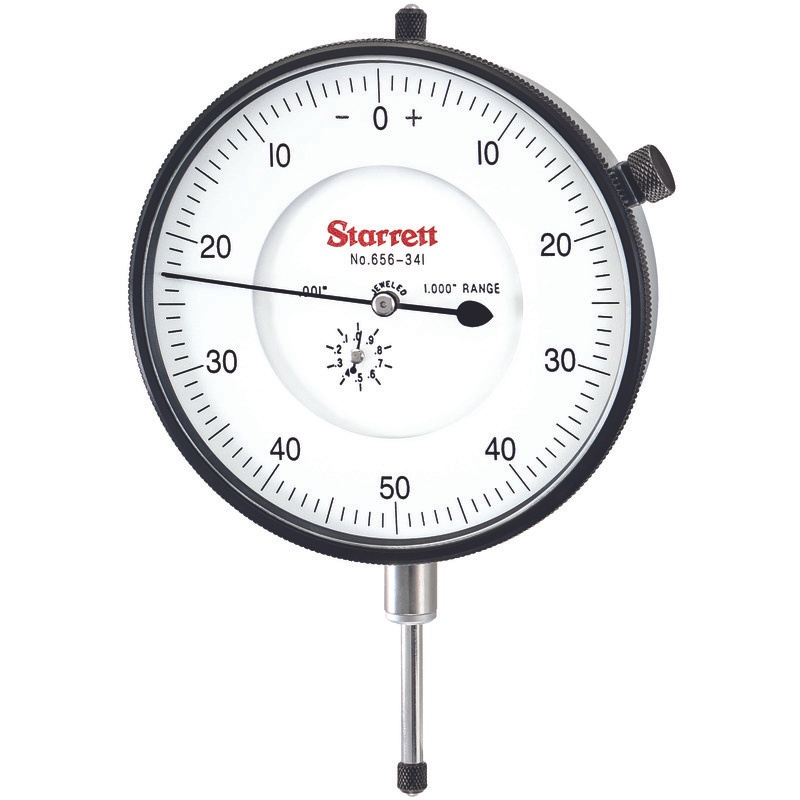 Picture of Starrett 656-341J Dial Indicator, 0-1.000" Range, 0-50-0 Balanced Dial, .001" Grads, .100" Range Per Rev, .375" Stem