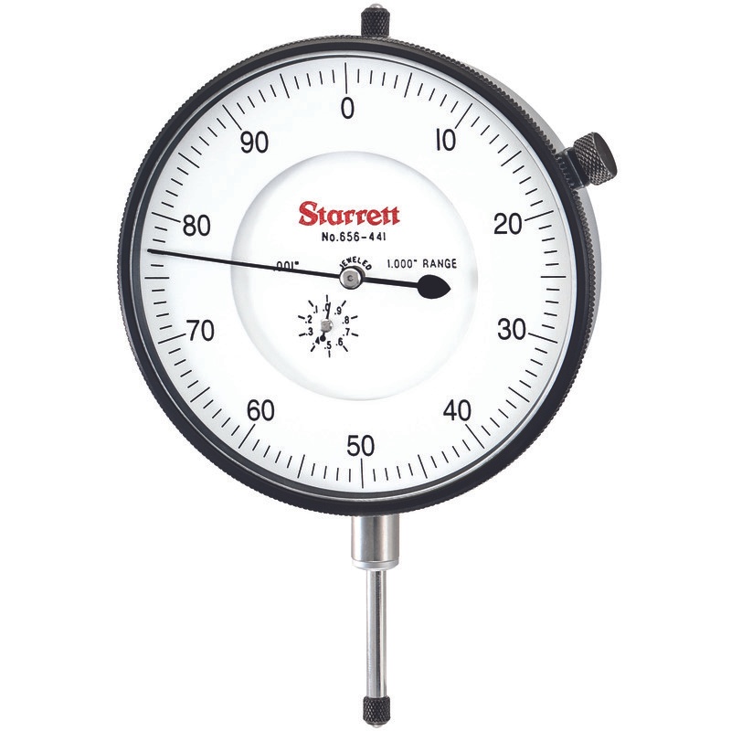 Picture of Starrett 656-441J Dial Indicator, 0-1.000" Range, 0-100, .001" Grads, .100" Range Per Rev, .375" Stem Diameter