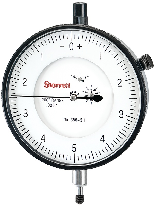 Picture of Starrett 656-511J Dial Indicator, 0-.200" Range, 0-5-0 Balanced Dial, .0001" Grads, .010" Range Per Rev, .375" Stem