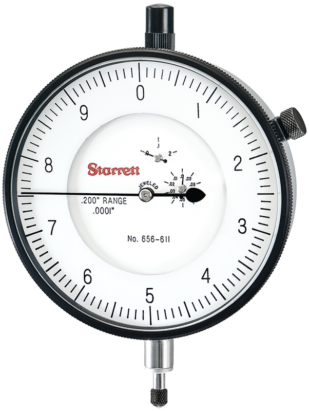 Picture of Starrett 656-611J Dial Indicator, 0-.200" Range, 0-10, .0001" Grads, .010" Range Per Rev, .375" Stem Diameter