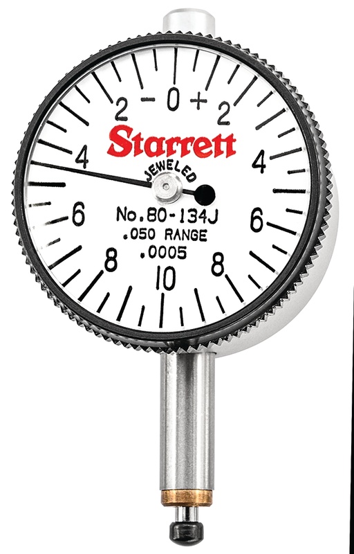 Picture of Starrett 80-134J Mini Dial Indicator, 0-.050" Range, 0-10-0 Balanced Dial, .0005" Grads, .020" Range Per Rev, .2185" Stem