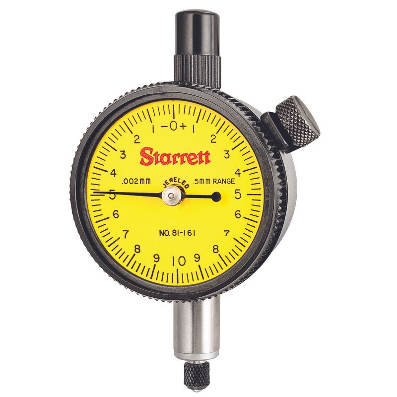 Picture of Starrett 81-161J Dial Indicator, 0-0.5mm Range, 0-10-0 Balanced Dial, 0.002mm Grads, 0.2mm Range Per Rev, 8mm Stem