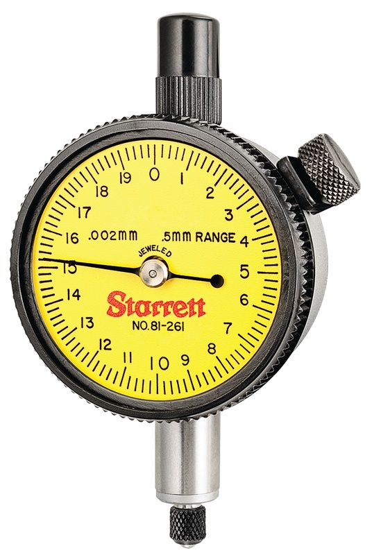 Picture of Starrett 81-261J Dial Indicator, 0-0.5mm Range, 0-20 Continuous Dial, 0.002mm Grads, 0.2mm Range Per Rev, .375" Stem