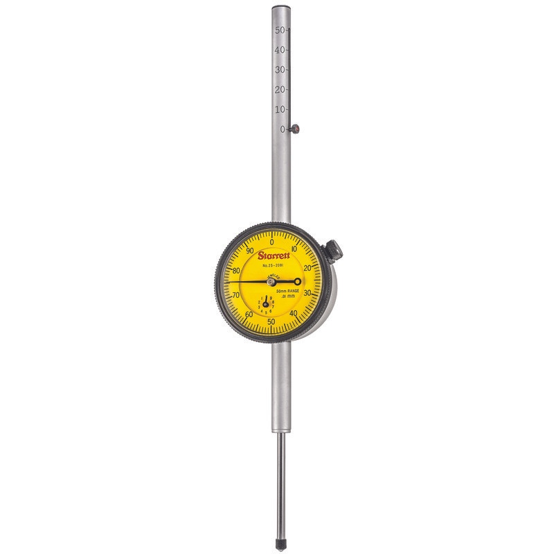 Picture of Starrett 25-2081J Dial Indicator, 0-50.0mm Range, 0-100 Continuous Dial, 0.01mm Grads, 1.0mm Range Per Rev, .375" Stem