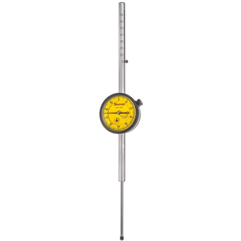 Picture of Starrett 25-3081J Dial Indicator, 0-75.0mm Range, 0-100 Continuous Dial, 0.01mm Grads, 1.0mm Range Per Rev, .375" Stem