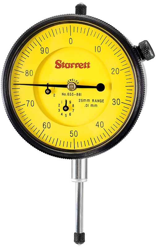 Picture of Starrett 655-881J Dial Indicator, 0-25.0mm Range, 0-100, 0.01mm Grads, 1.0mm Range Per Rev, .375" Stem Diameter