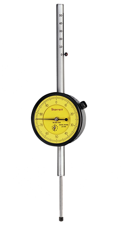 Picture of Starrett 655-2081J Dial Indicator, 0-50.0mm Range, 0-100 Continuous Dial, 0.01mm Grads, 1.0mm Range Per Rev, .375" Stem