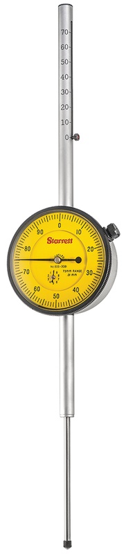 Picture of Starrett 655-3081J Dial Indicator, 0-75.0mm Range, 0-100, 0.01mm Grads, 1.0mm Range Per Rev, .375" Stem Diameter