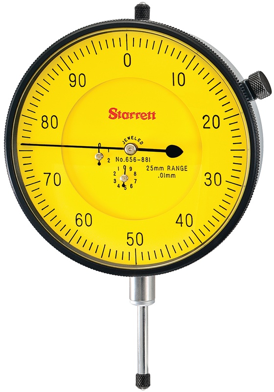 Picture of Starrett 656-881J Dial Indicator, 0-25.0mm Range, 0-100, 0.01mm Grads, 1.0mm Range Per Rev, .375" Stem Diameter