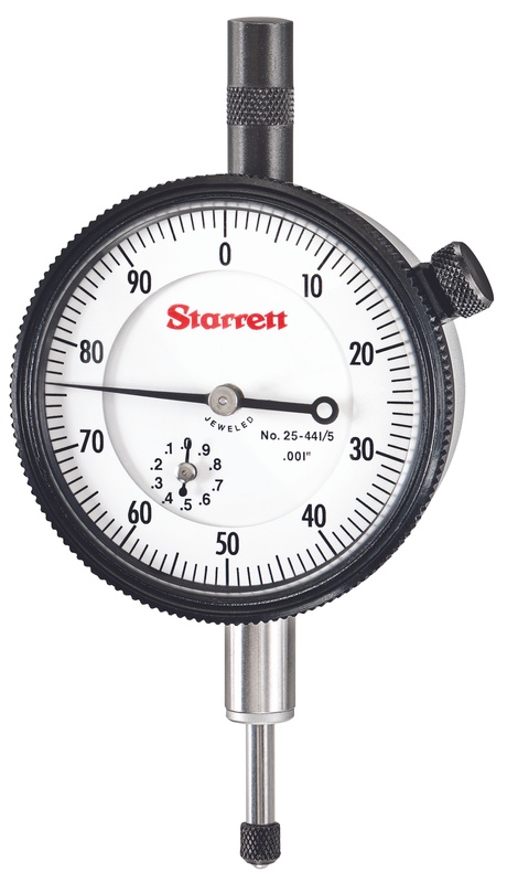 Picture of Starrett 25-441/5J WCSC Dial Indicator, w/ Case Stem Cap, 0-.500" Range, 0-100 Dial, .001" Grads, .100" Range Per Rev, .375" Stem