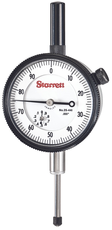 Picture of Starrett 25-441J WCSC Dial Indicator, with Case Stem Cap, 0-1" Range, 0-100, .001" Grads, .100" Range Per Rev, .375" Stem