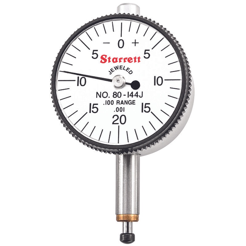 Picture of Starrett 80-144J WFB WFB Mini Dial Indicator, Flat Back, 0-.100" Range, 0-20-0 Balanced Dial, .001" Grads, .040" Range Per Rev, .2185" Stem