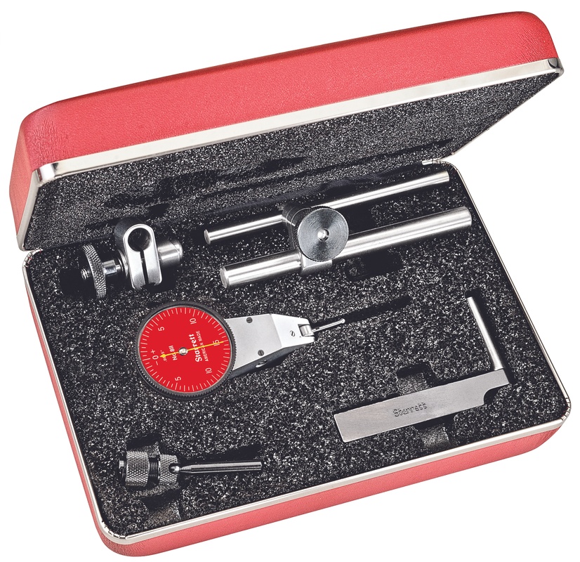 Picture of Starrett 811-5Cz Dial Test Indicator With Swivel Head, .030" Range, 0-15-0 Dial Face, .0005" Graduations, With Attachments, Case