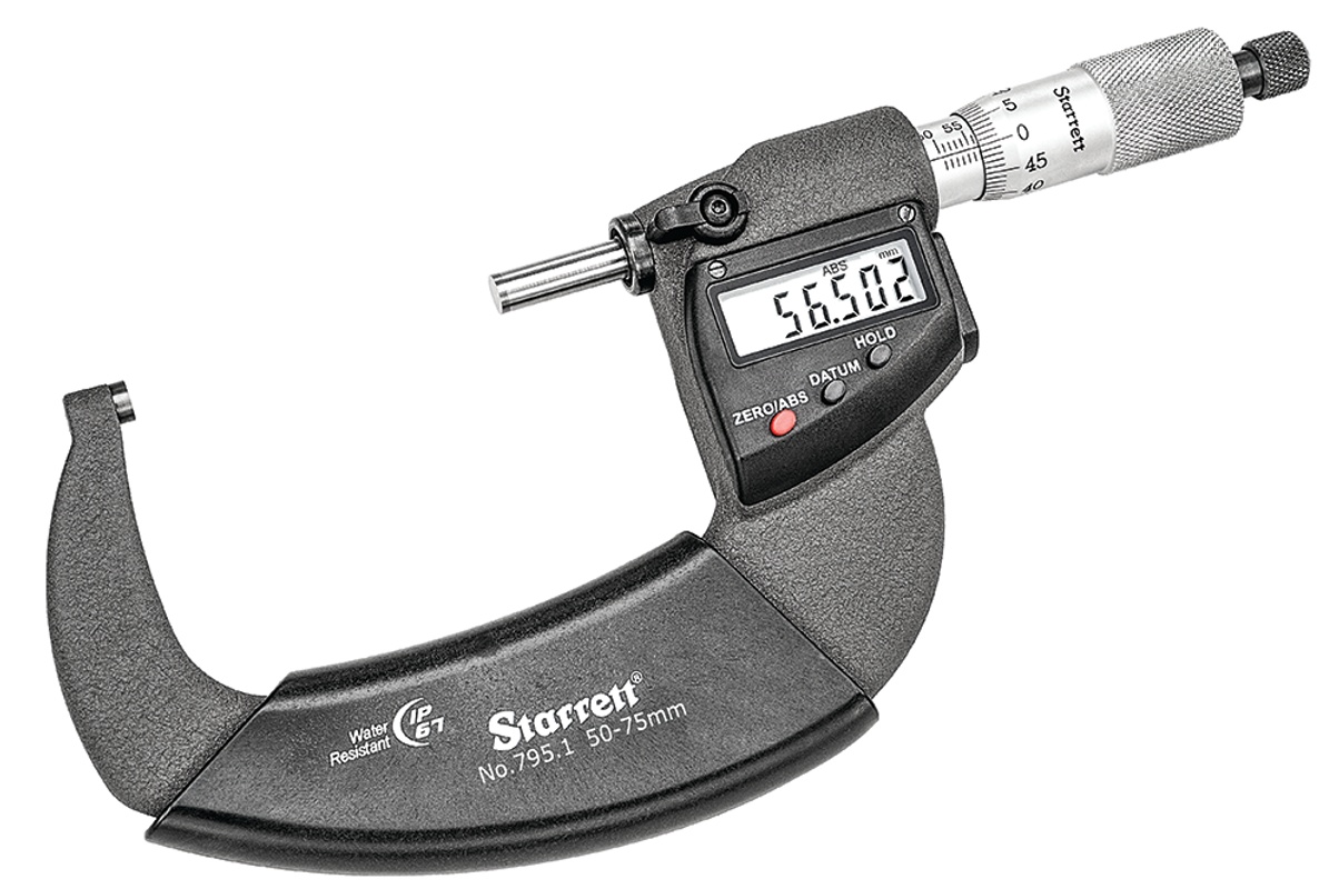 Picture of Starrett 795.1Xrl-2 Lcd Outside Micrometer, Friction Thimble, Carbide Anvil, Spc Output, 0.001mm Res., 25-50mm Range