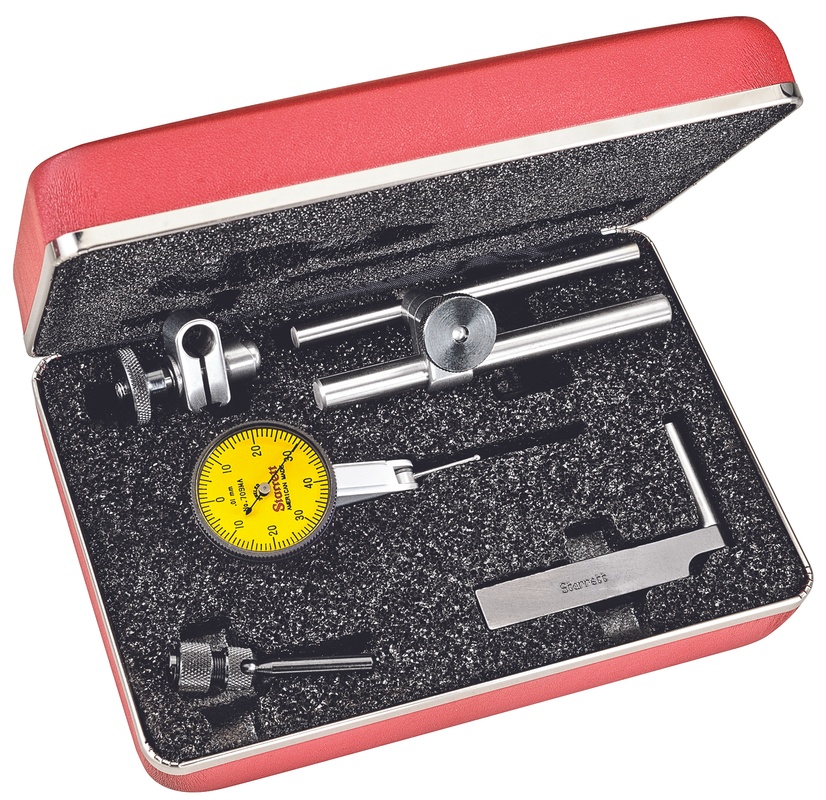 Picture of Starrett 709Macz Dial Test Indicator With Dovetail, 0.8mm Range, 0-40-0 Dial Face, 0.01mm Graduations, With Attachments, Case