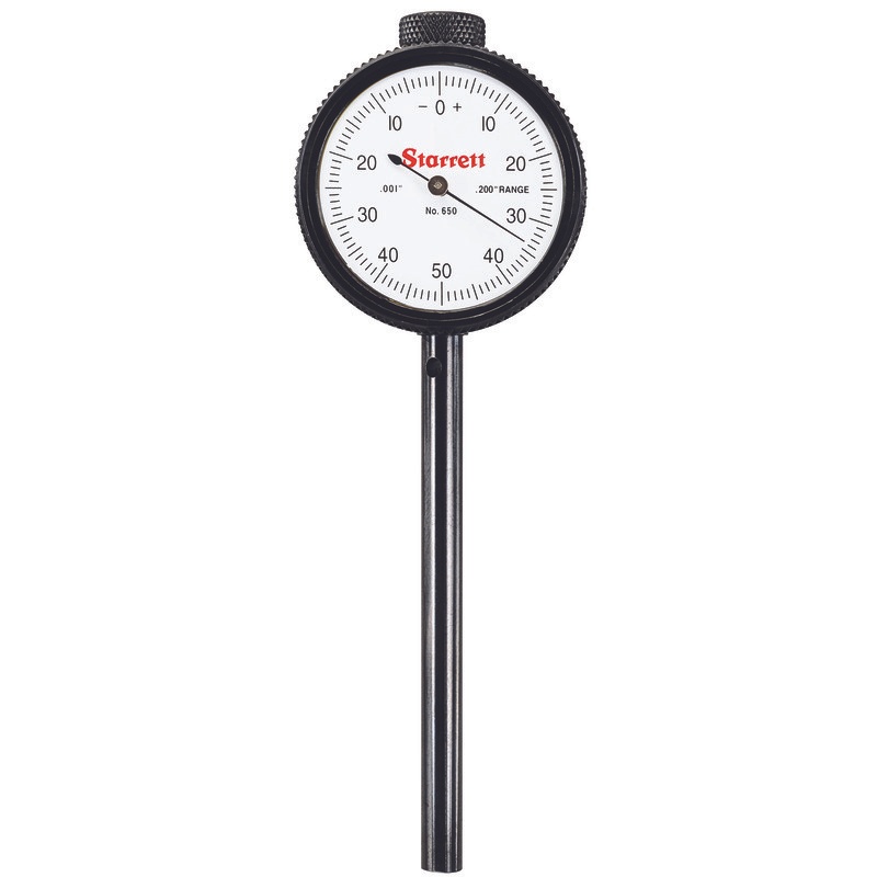 Picture of Starrett 650B5 Back Plunger Dial Indicator, .200" Range, 0-50-0 Dial Face, .001" Graduations, 3 Contact Points