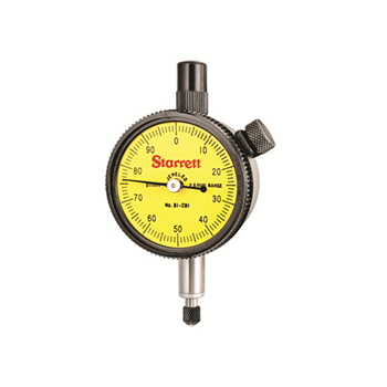 Picture of Starrett 81-281J-8 Dial Indicator, 0-2.5mm Range, 0-100 Continuous Dial, 0.01mm Grads, 1.0mm Range Per Rev, 8mm Stem