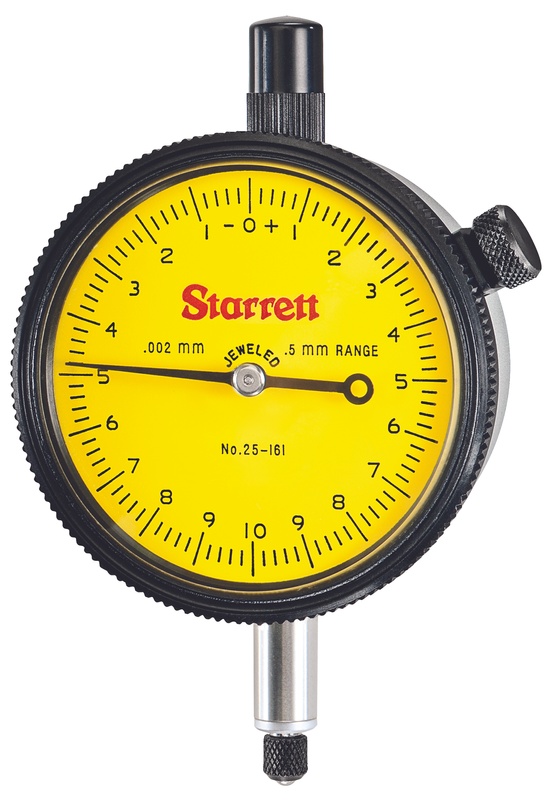 Picture of Starrett 25-161J-8 Dial Indicator, 0-0.5mm Range, 0-10-0 Balanced Dial, 0.002mm Grads, 0.2mm Range Per Rev, 8mm Stem