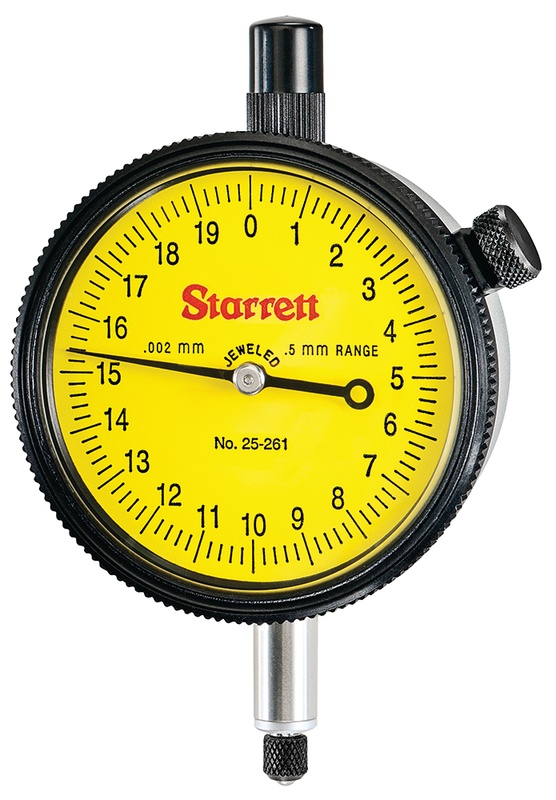 Picture of Starrett 25-261J-8 Dial Indicator, 0-0.5mm Range, 0-20 Continuous Dial, 0.002mm Grads, 0.2mm Range Per Rev, 8mm Stem