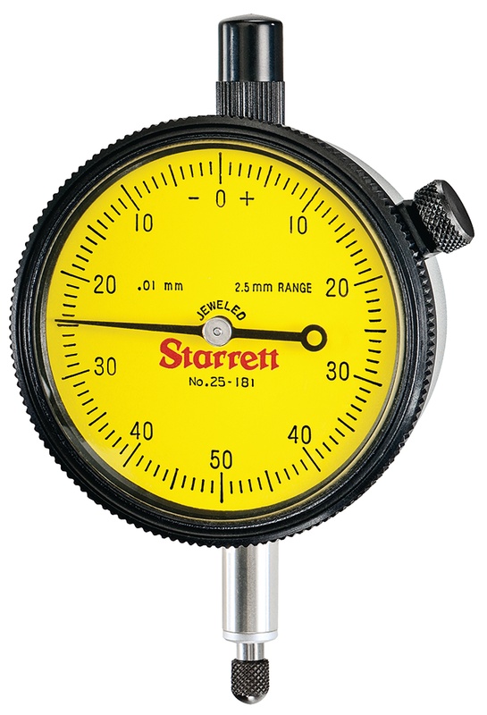 Picture of Starrett 25-181J-8 Dial Indicator, 0-2.5mm Range, 0-50-0 Balanced Dial, 0.01mm Grads, 1.0mm Range Per Rev, 8mm Stem