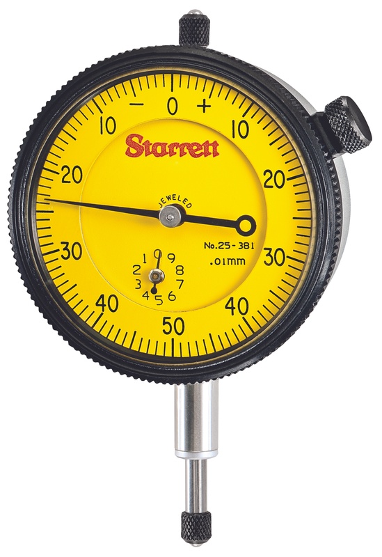 Picture of Starrett 25-381J-8 Dial Indicator, 0-10.0mm Range, 0-50-0 Balanced Dial, 0.01mm Grads, 1.0mm Range Per Rev, 8mm Stem